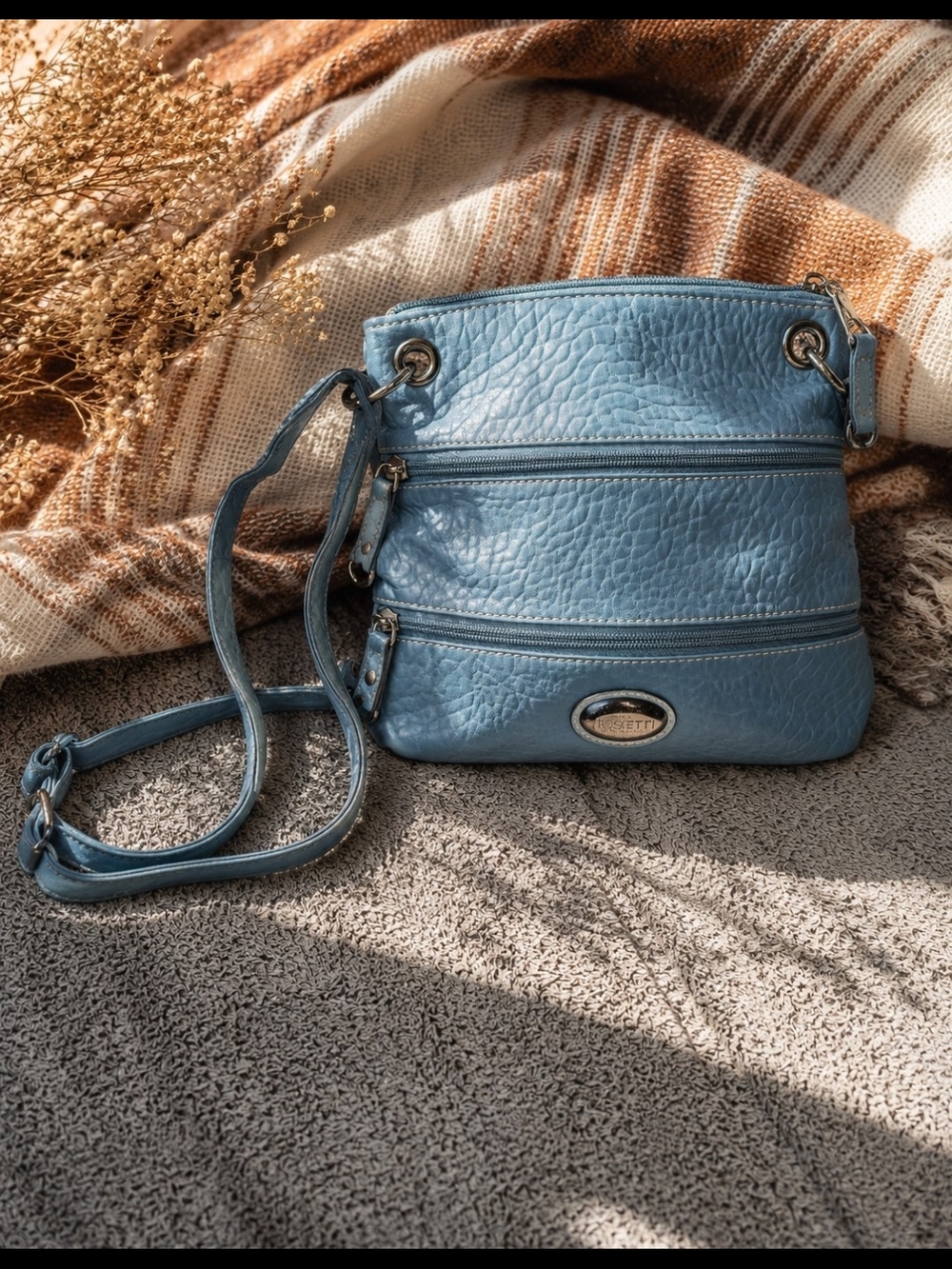 BEAUTIFUL Blue Rosetti Crossbody Bag with Gorgeous Supple Texture